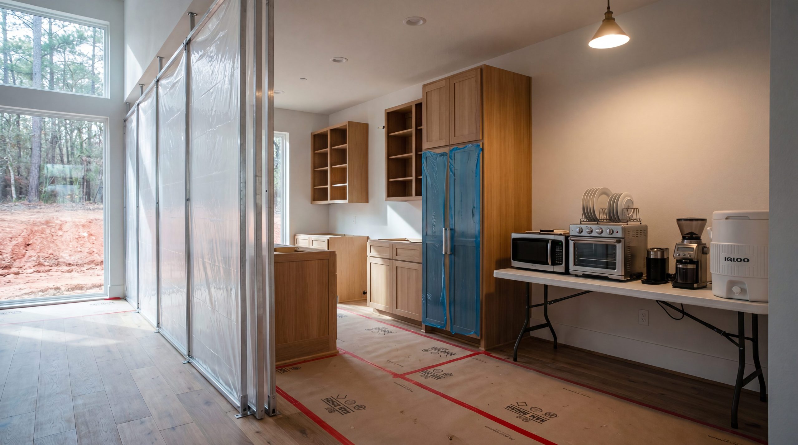 Calm half-completed luxury Woodlands kitchen remodel with zip-wall dust barrier and organized temporary kitchen setup.