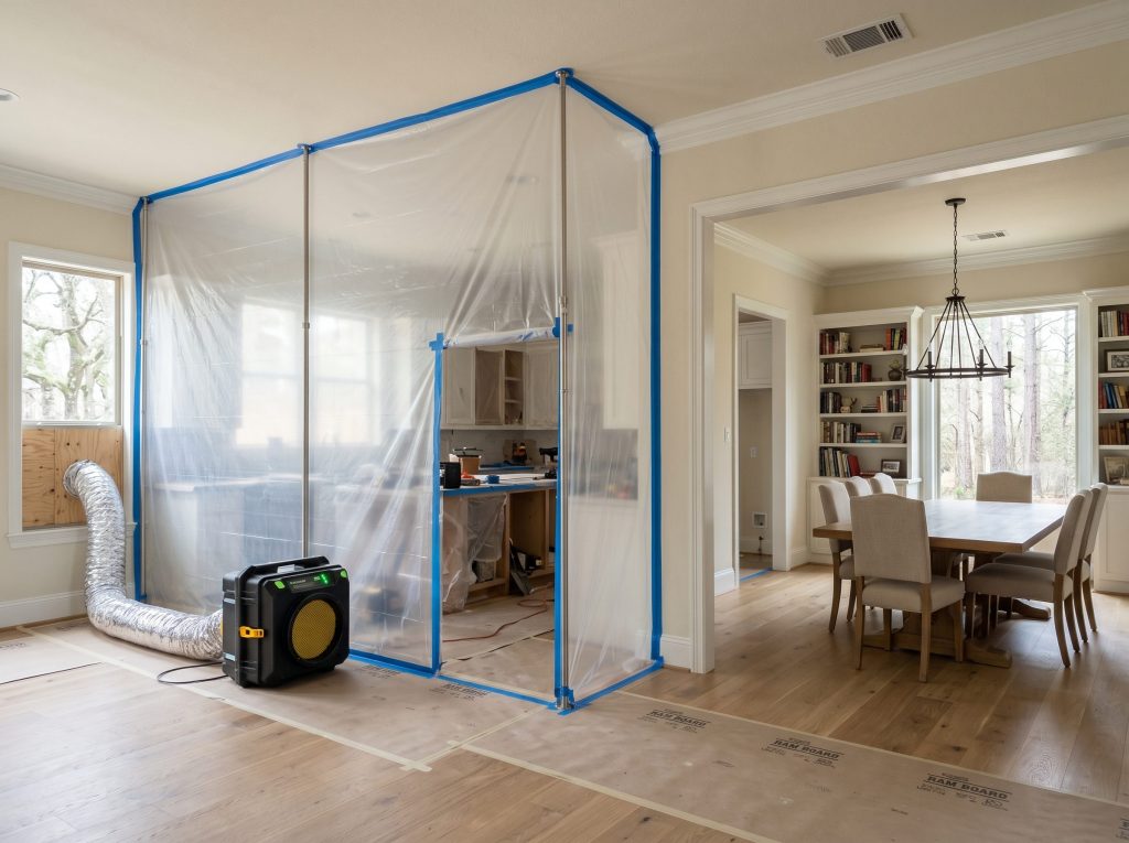 Professional zip-wall plastic dust containment with HEPA negative-air scrubber separating a Woodlands kitchen from dining room.