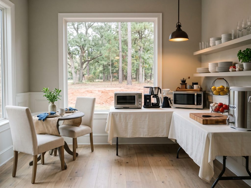 Thoughtfully arranged temporary kitchen in a Woodlands butler's pantry with countertop convection oven, Instant Pot, microwave, coffee station.