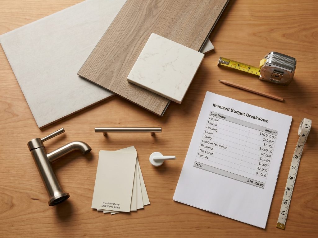Cypress TX $10,000 bathroom budget flat-lay with quartz, LVP, porcelain, brushed-nickel fixtures, and an itemized line-item allocation