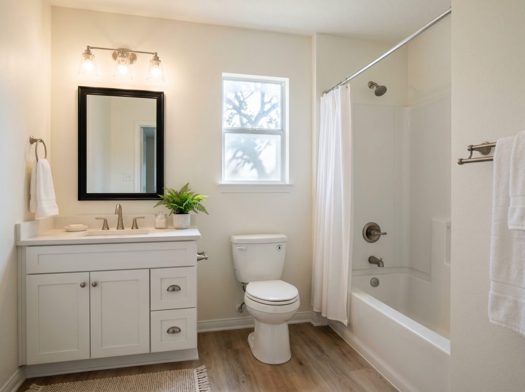 Completed value-aligned Cypress hall bathroom refresh with quartz vanity, framed mirror, comfort-height toilet, and one-piece tub surround