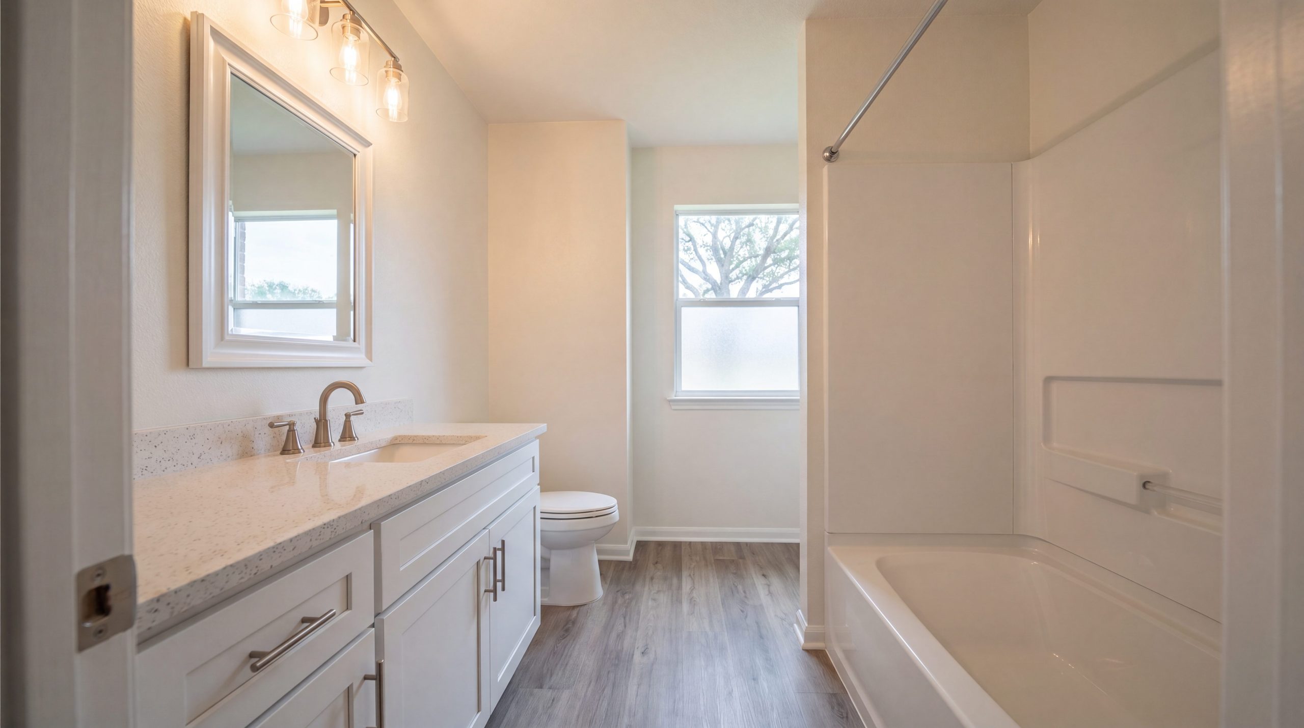 Value-driven $10,000 bathroom refresh in a Cypress TX hall bath with new white vanity, brushed-nickel fixtures, and LVP flooring