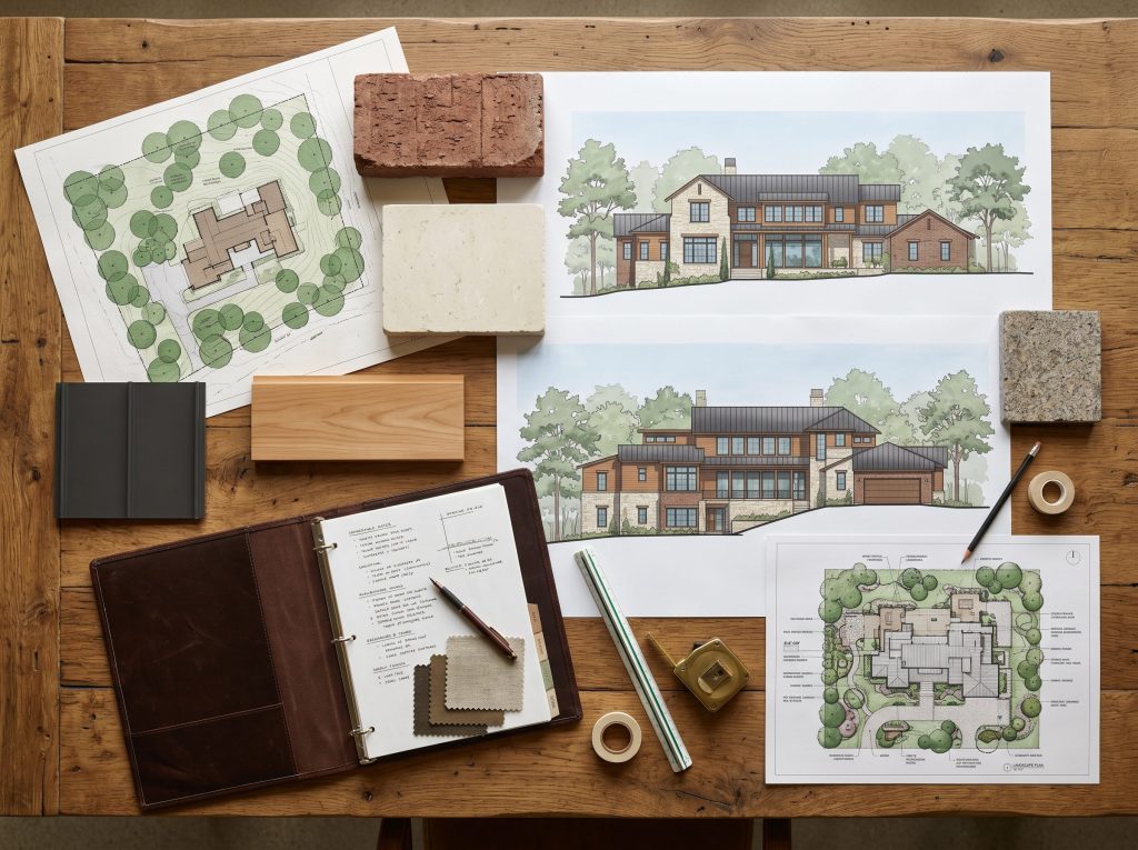 Coordinated DSC submission package for a Woodlands custom home including elevations site plan and physical material samples on conference table.