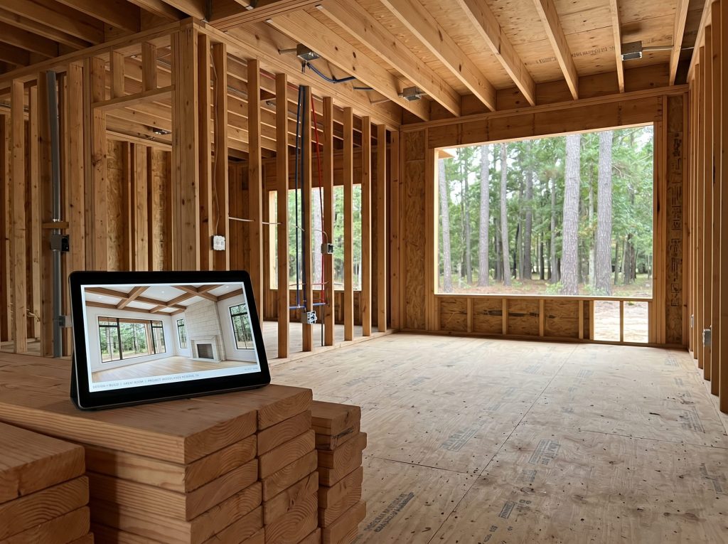Interior of a framed Woodlands custom home great room with a tablet displaying a 3D rendering of the finished space - design-build alignment in practice.