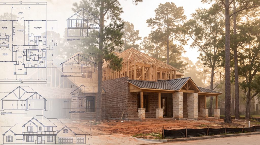 Design-build architectural drawings transitioning into a custom home under construction in The Woodlands TX at golden-hour dawn with loblolly pines.