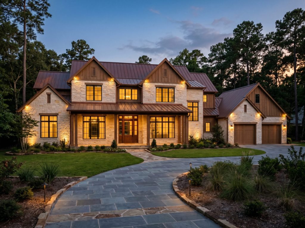 Finished custom home exterior in a Cypress, Texas master-planned community with brick and stone under a live oak canopy