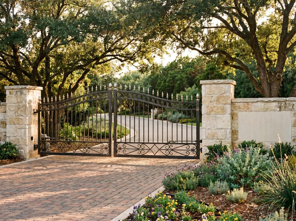 Gated entry to a custom home community in Cypress, Texas with stone columns and wrought-iron gates under live oaks