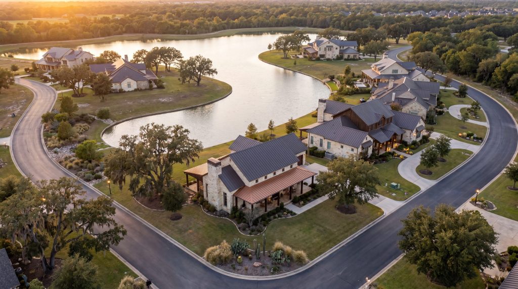Aerial twilight view of a luxury custom home community in Cypress, Texas with lakefront estate lots and mature oaks