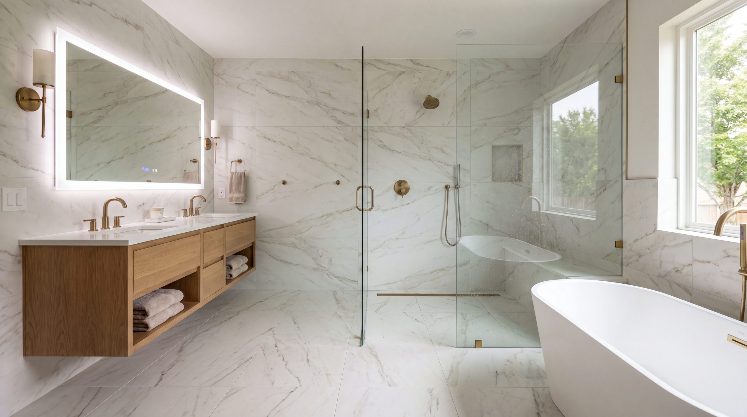 A spa-inspired Cypress primary bath with a freestanding tub, curbless walk-in shower, and marble-look porcelain