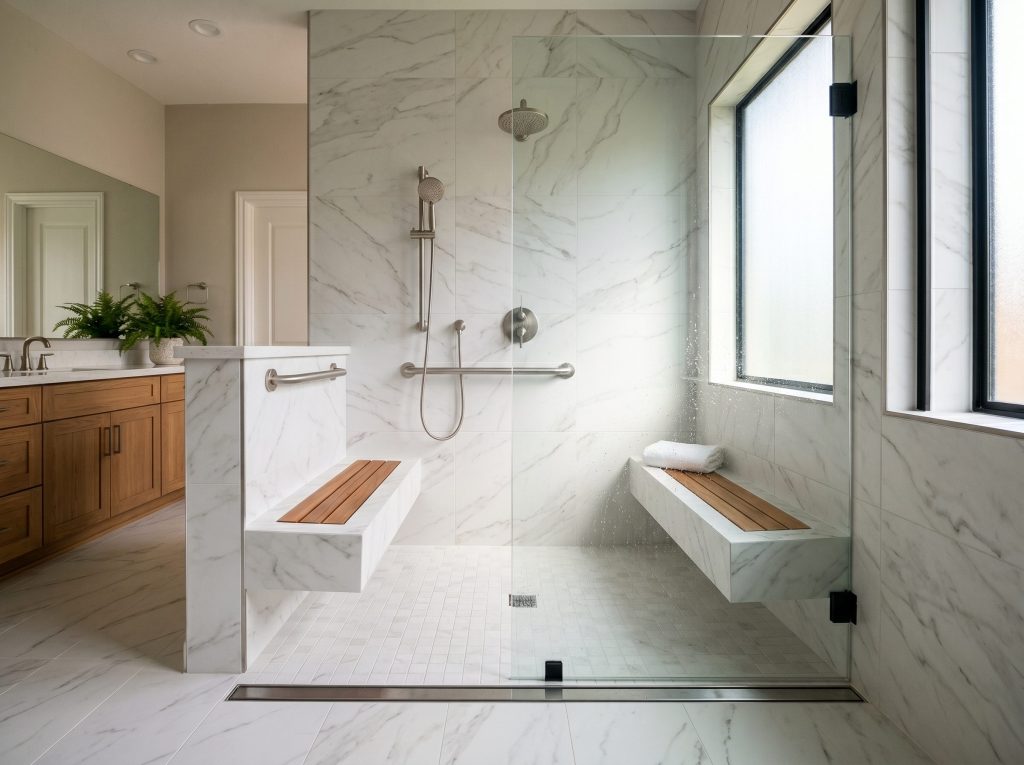 A curbless zero-entry shower with a teak bench and integrated grab bar showing CAPS aging-in-place design in Cypress TX