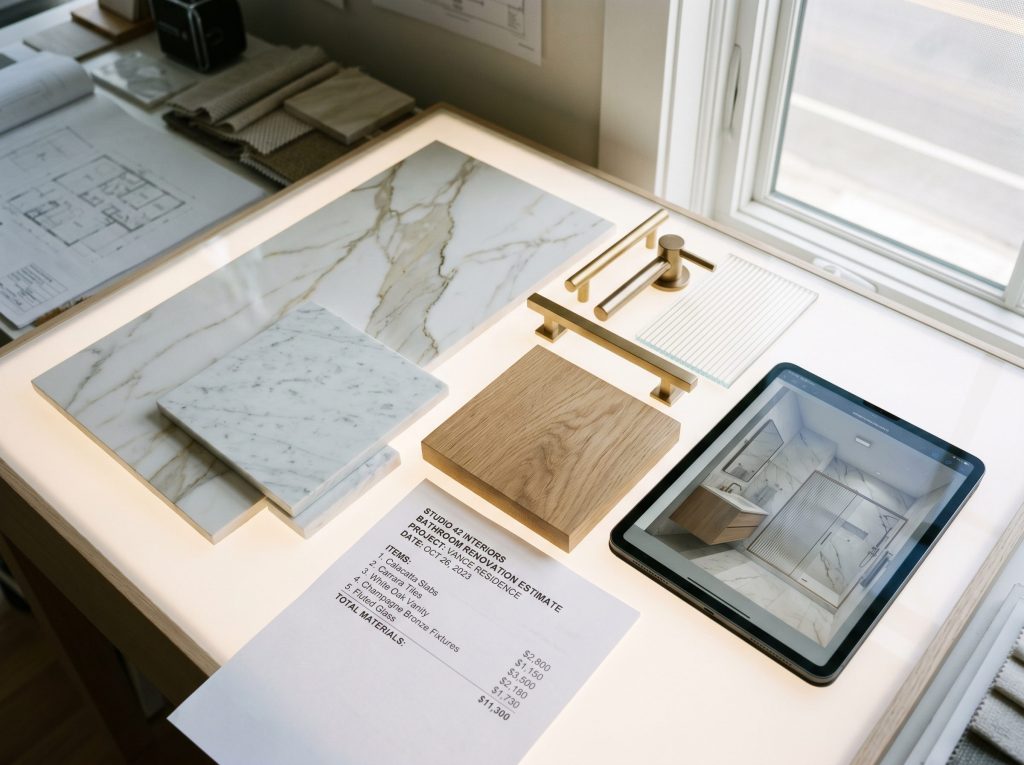 Porcelain slab, marble, and brushed-brass fixture selections with an itemized estimate for a Cypress bathroom budget