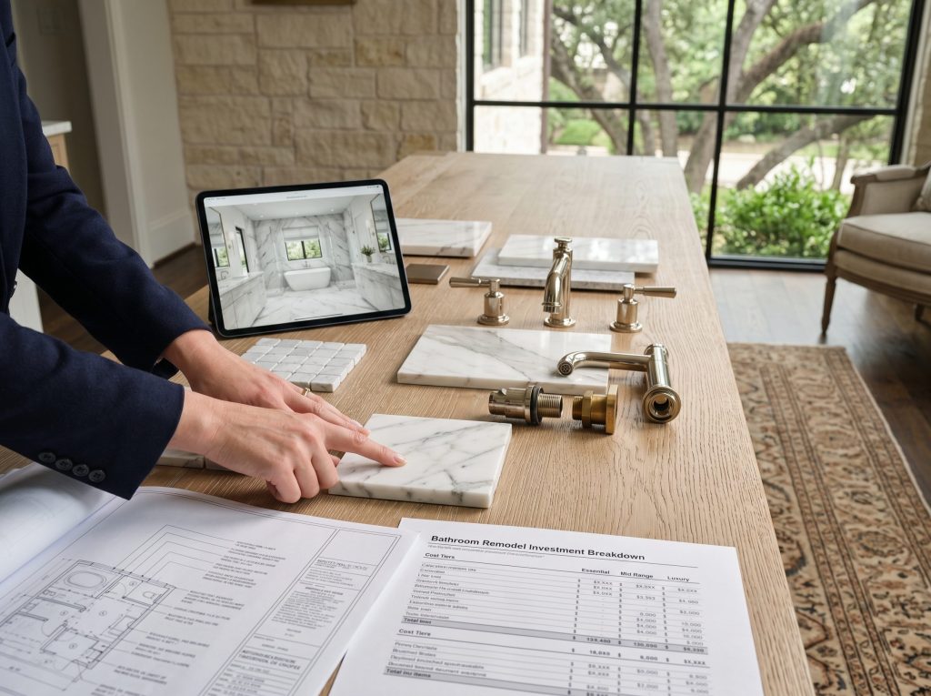Luxury bathroom design consultation in Memorial Villages Houston home with Calacatta marble samples polished nickel fixtures custom rift-cut white oak vanity blueprints and cost-tier planning materials