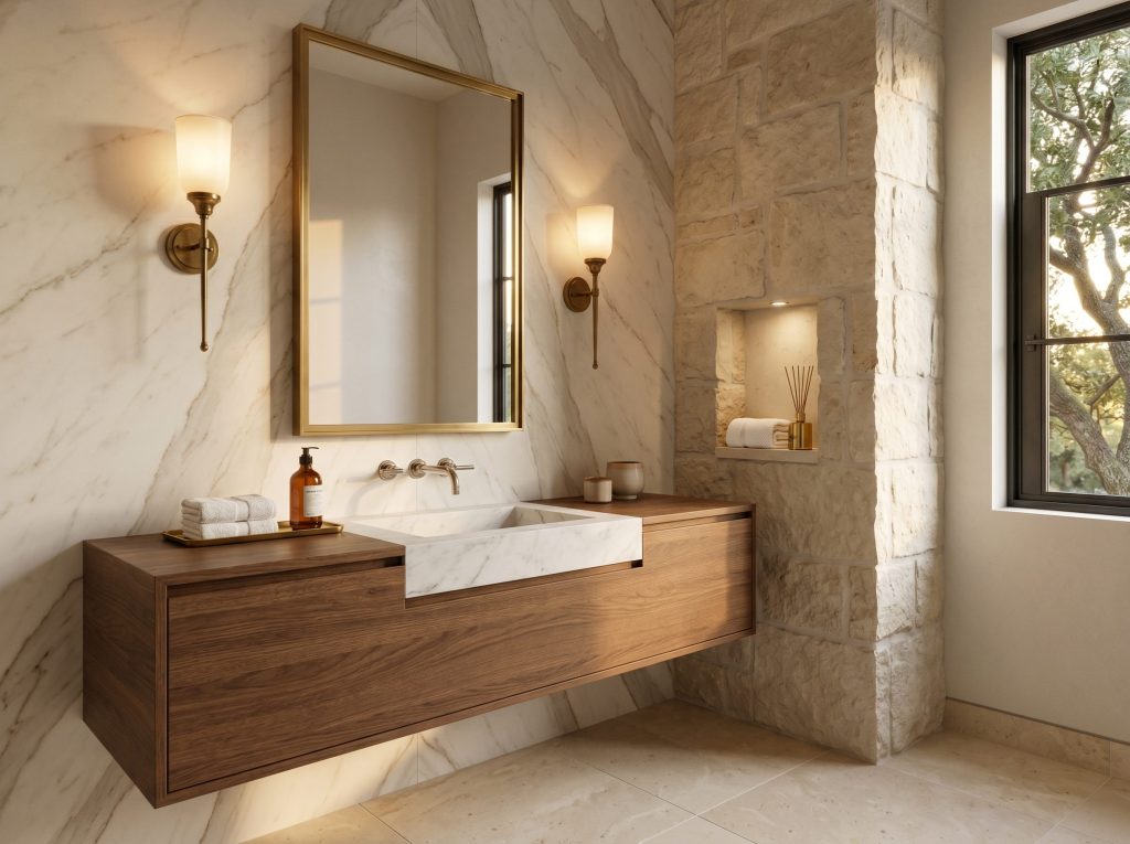 Memorial Villages Houston powder room remodel representing the secondary bathroom cost tier featuring custom walnut vanity Carrara marble basin Calacatta marble slab feature wall and brushed brass sconces by Keechi Creek Builders