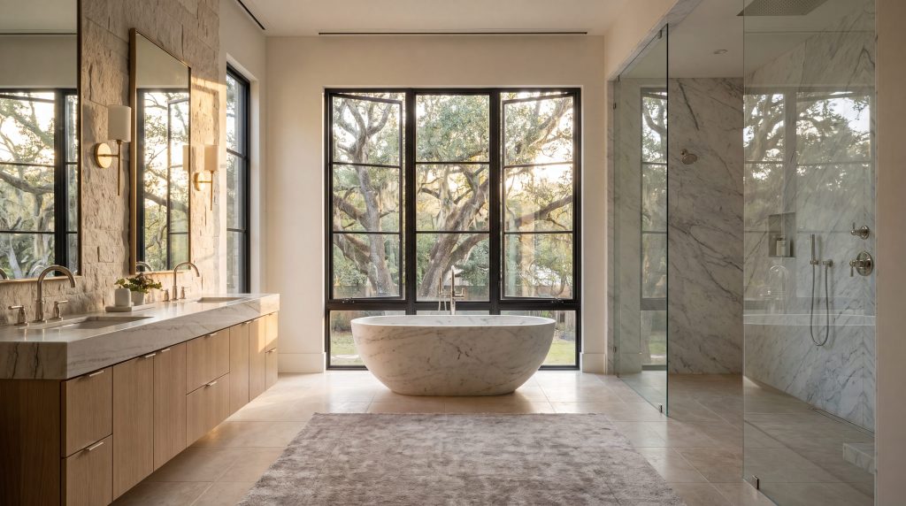Ultra-luxury Memorial Villages Houston master bathroom remodel featuring freestanding marble soaking tub curbless walk-in shower custom dual vanity and Austin limestone wall by Keechi Creek Builders