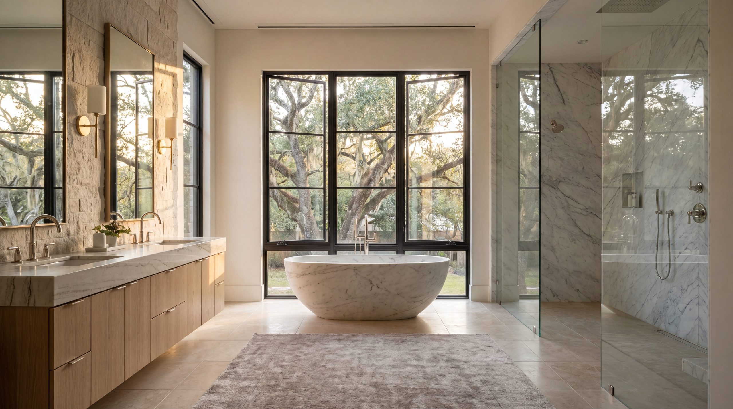 Ultra-luxury Memorial Villages Houston master bathroom remodel with freestanding marble soaking tub and curbless walk-in shower