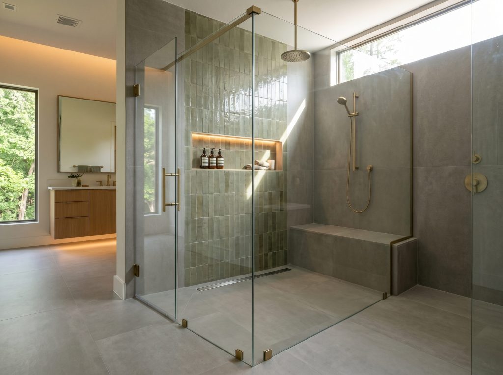 Curbless walk-in shower in a Creekside Park primary bathroom in The Woodlands with universal-design wet-area construction at the luxury tier