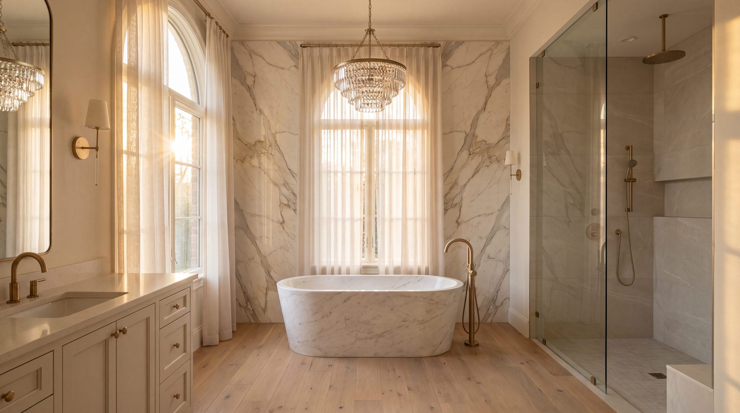 Luxury bathroom remodel cost example in The Woodlands TX with a Carlton Woods master bathroom, freestanding marble tub, and curbless shower