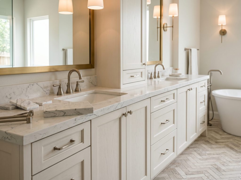 Mid-tier bathroom remodel cost detail in a Sterling Ridge primary bathroom with custom vanity, quartz countertop, and brushed-nickel fixtures