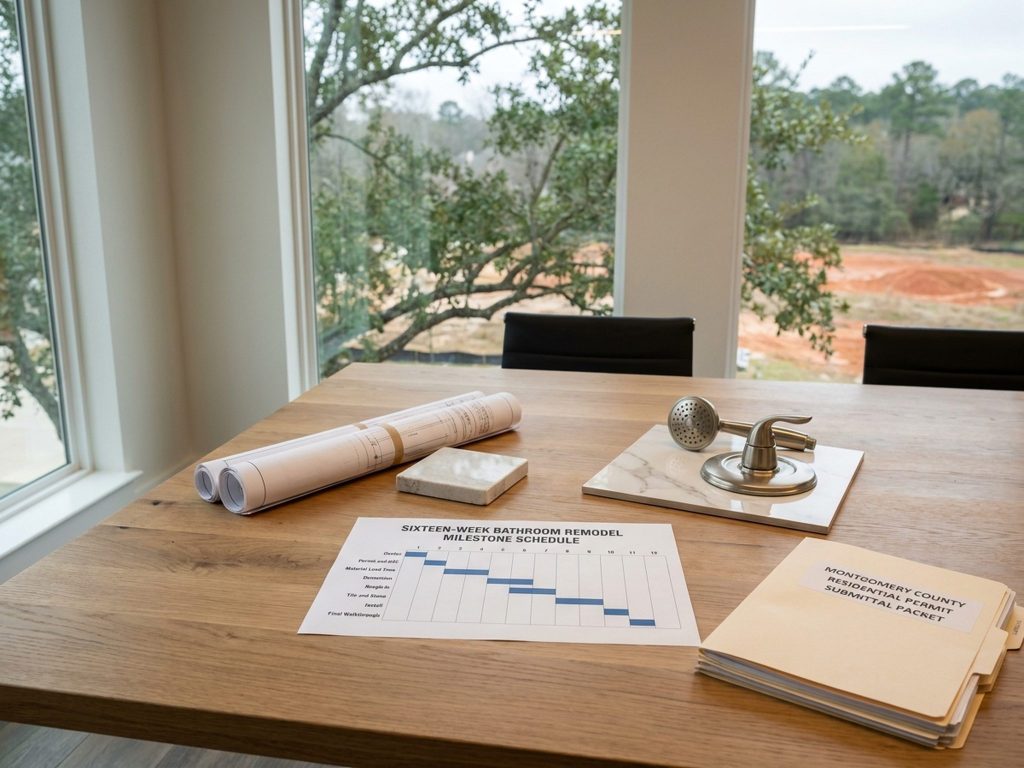 Bathroom remodel milestone schedule, tile and stone samples, and Montgomery County permit packet on a Texas oak design-build conference table.