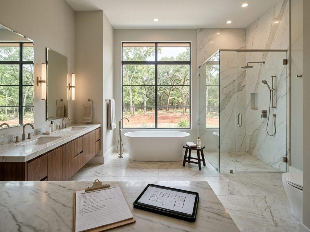 Finished luxury Woodlands master bathroom with Calacatta porcelain, curbless shower, freestanding tub, and walnut vanity on final walkthrough day.