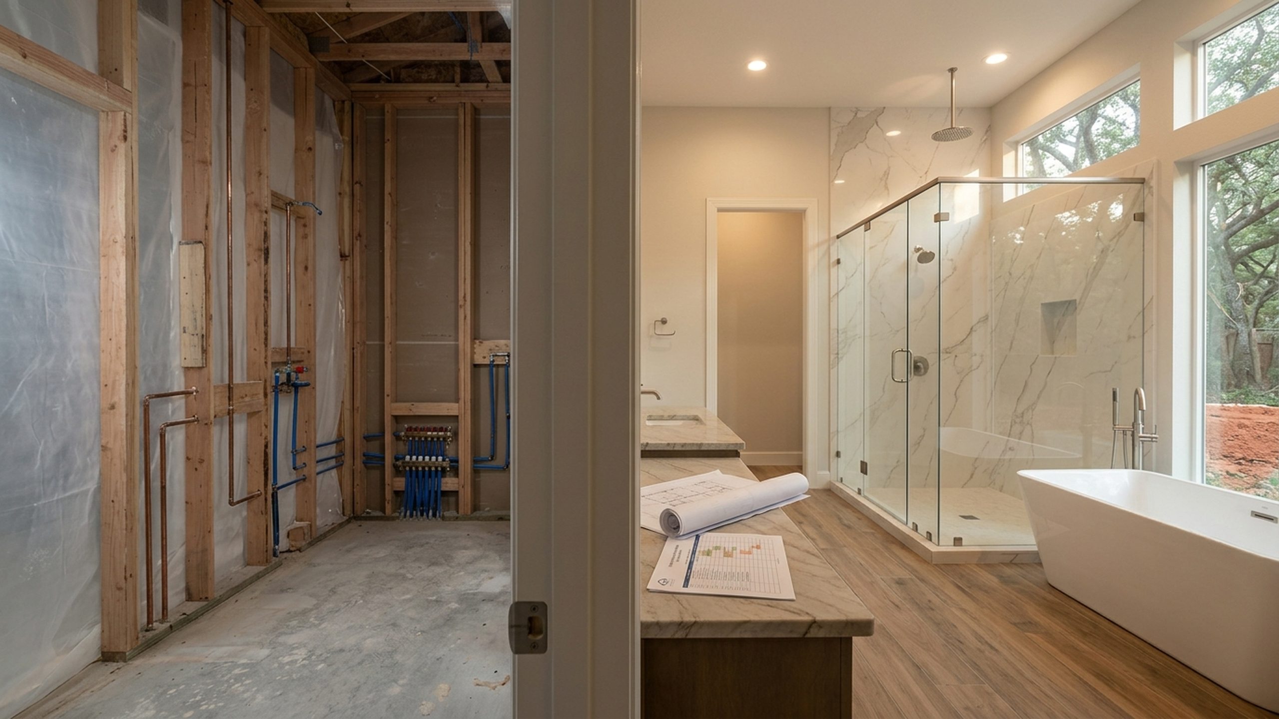 Luxury Woodlands master bathroom split frame showing demolition rough-in and finished spa-grade results with milestone schedule on quartzite counter.