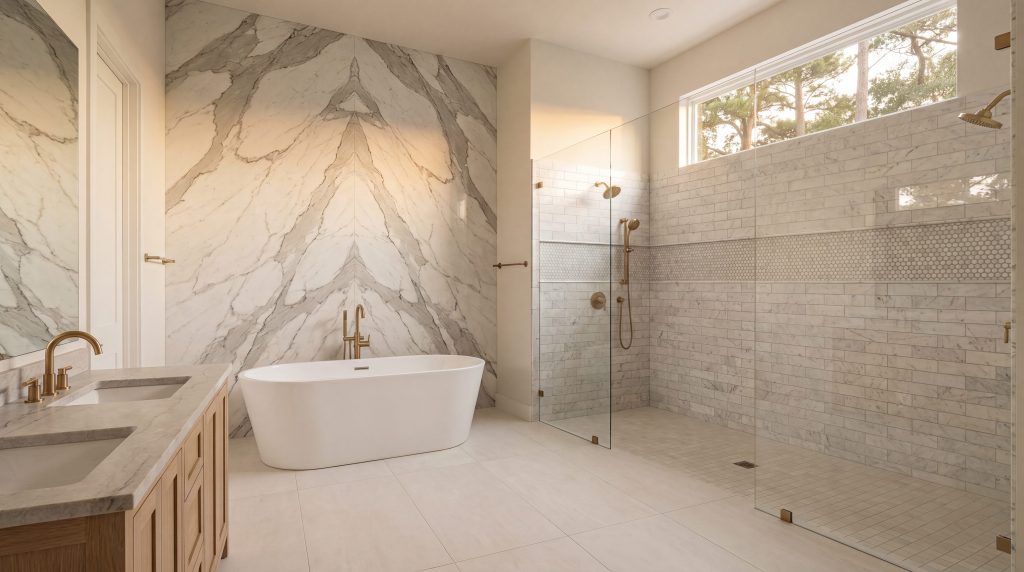 Luxury Tomball master bathroom with large-format porcelain floor, Calacatta marble accent wall, and curbless walk-in shower
