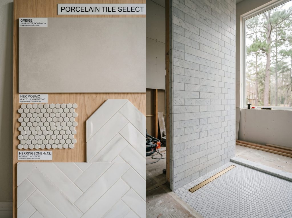 Side-by-side bathroom tile material samples including porcelain, marble, and ceramic for a Tomball master bathroom