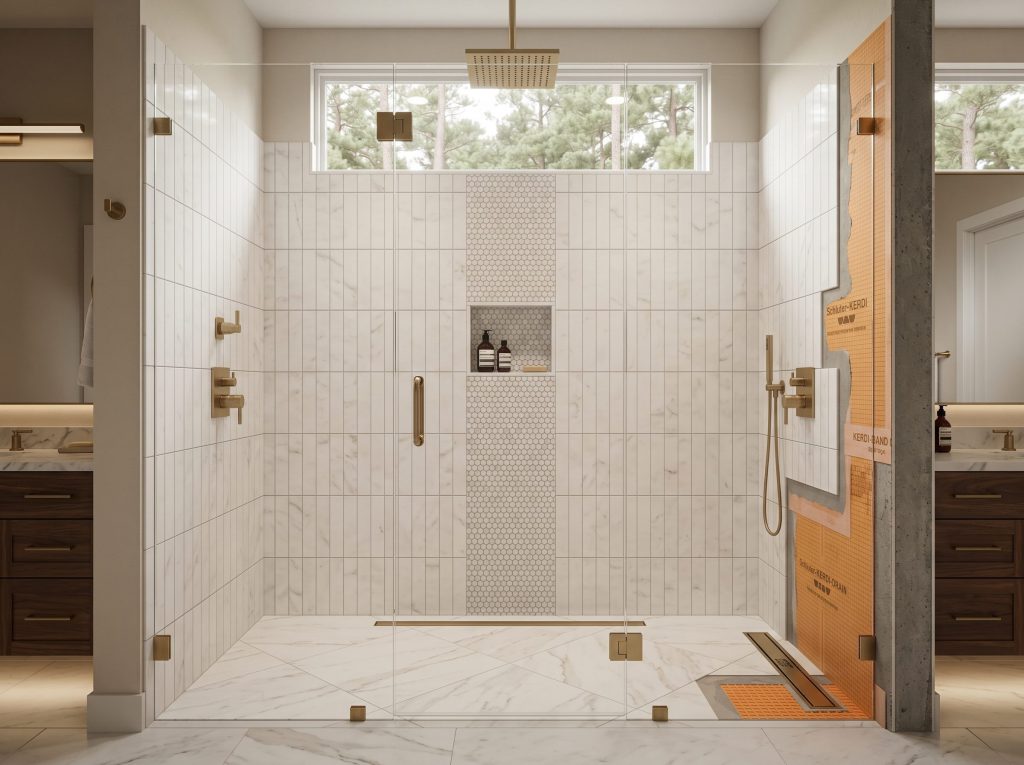 Carrara mosaic shower floor with linear drain and large-format porcelain walls in a Tomball master bathroom