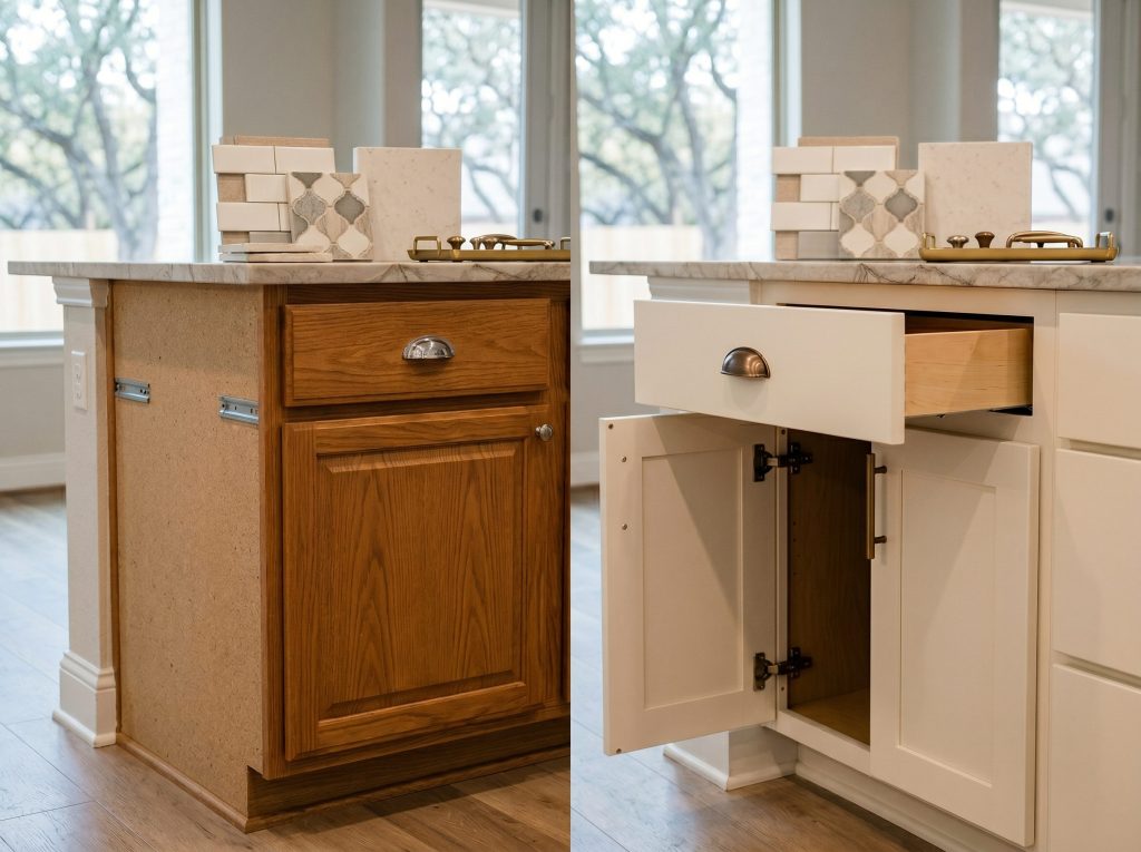 Bridgeland builder-grade cabinet door upgrade comparison showing original raised-panel door beside new custom shaker replacement