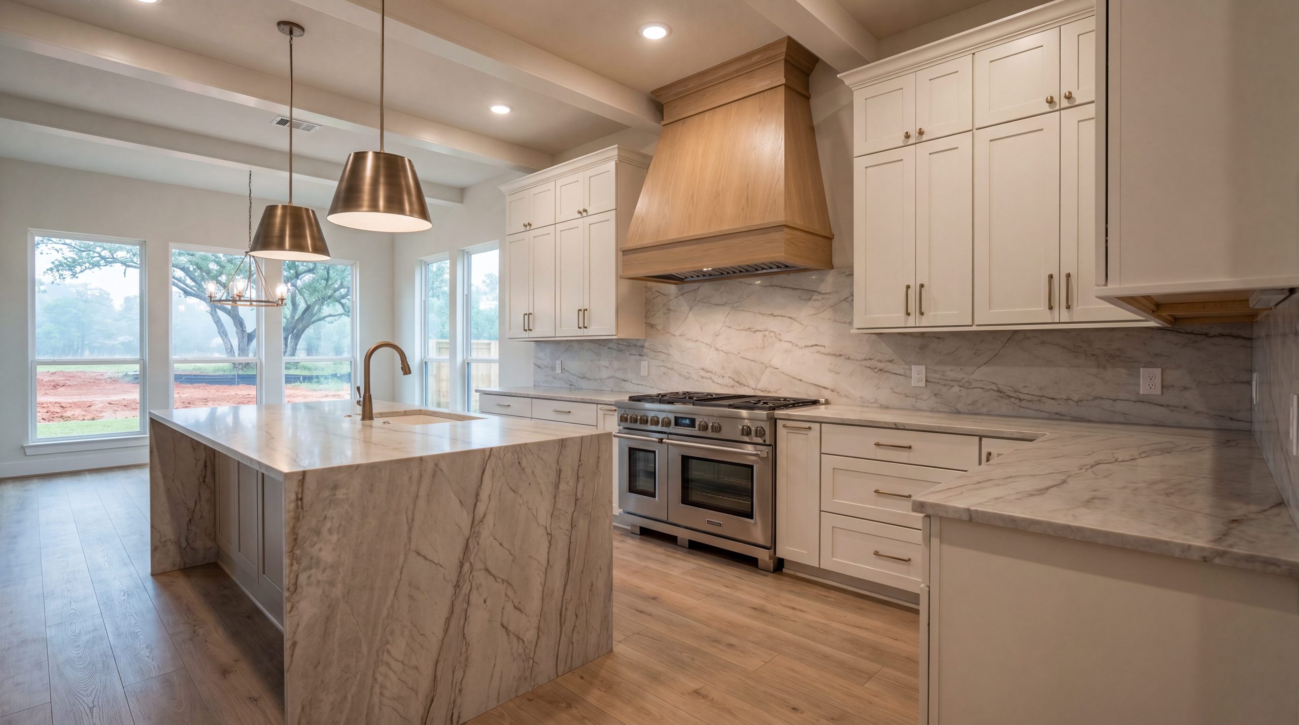 Upgraded Bridgeland builder-grade kitchen in Cypress, TX with quartzite waterfall island, custom shaker cabinets, and statement hood