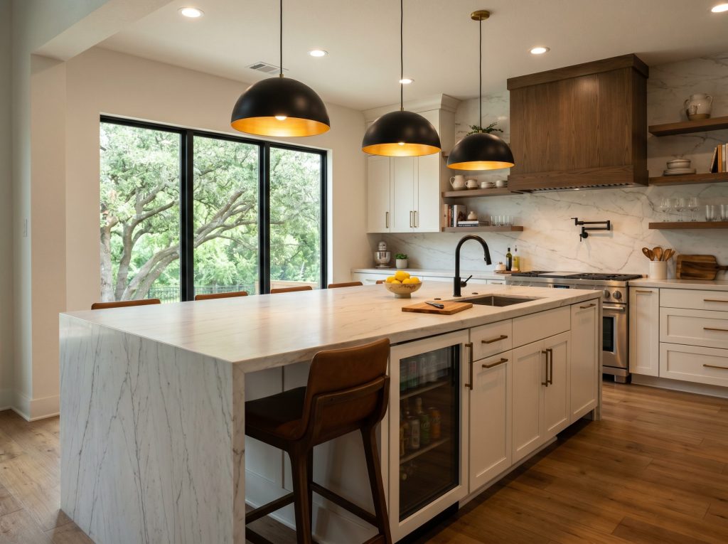 Finished Bridgeland kitchen island upgrade in Cypress with book-matched quartzite waterfall and brushed-bronze hardware