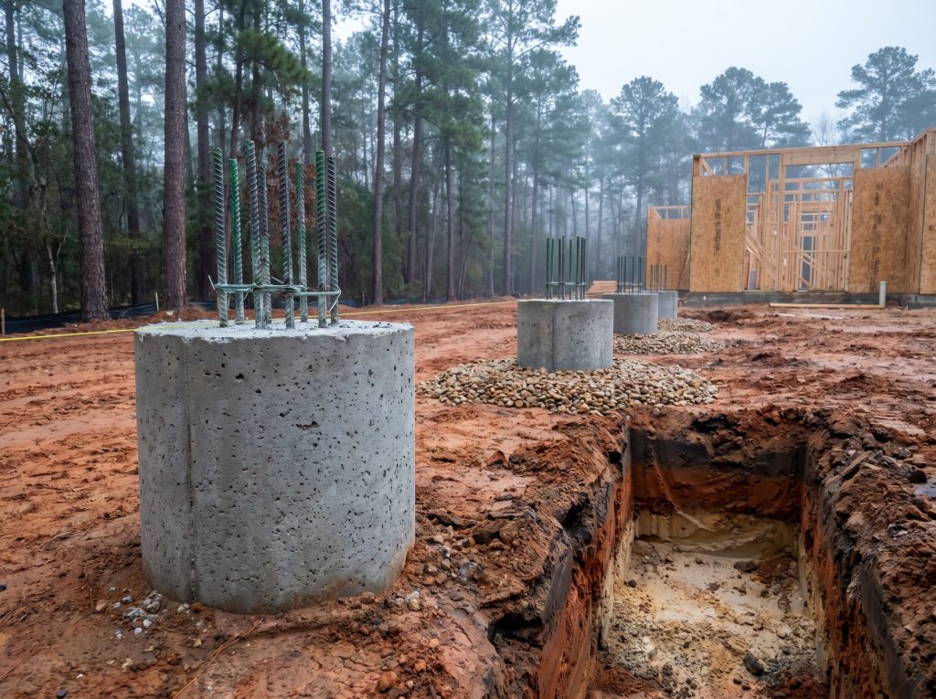 Drilled concrete piers with rebar cages installed in expansive Montgomery County clay soil for a luxury Woodlands custom home foundation.