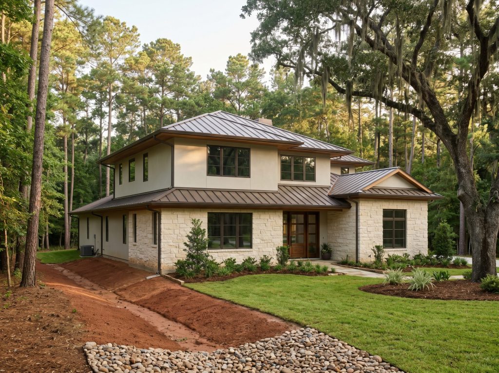 Completed luxury transitional custom home in Sterling Ridge village of The Woodlands with engineered foundation, drainage swale, and loblolly pine canopy.