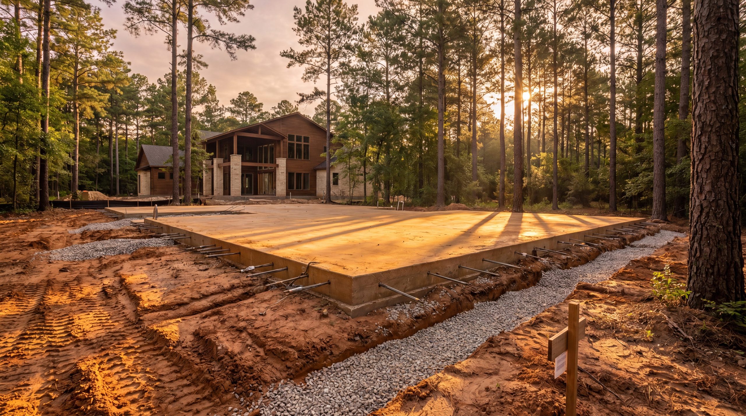 Engineered post-tension concrete slab foundation curing on a wooded Sterling Ridge custom home lot in The Woodlands, Texas at golden hour.