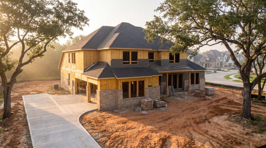 A custom home at the brick-and-framing stage in a Cypress, TX master-planned community, framed by mature live oaks