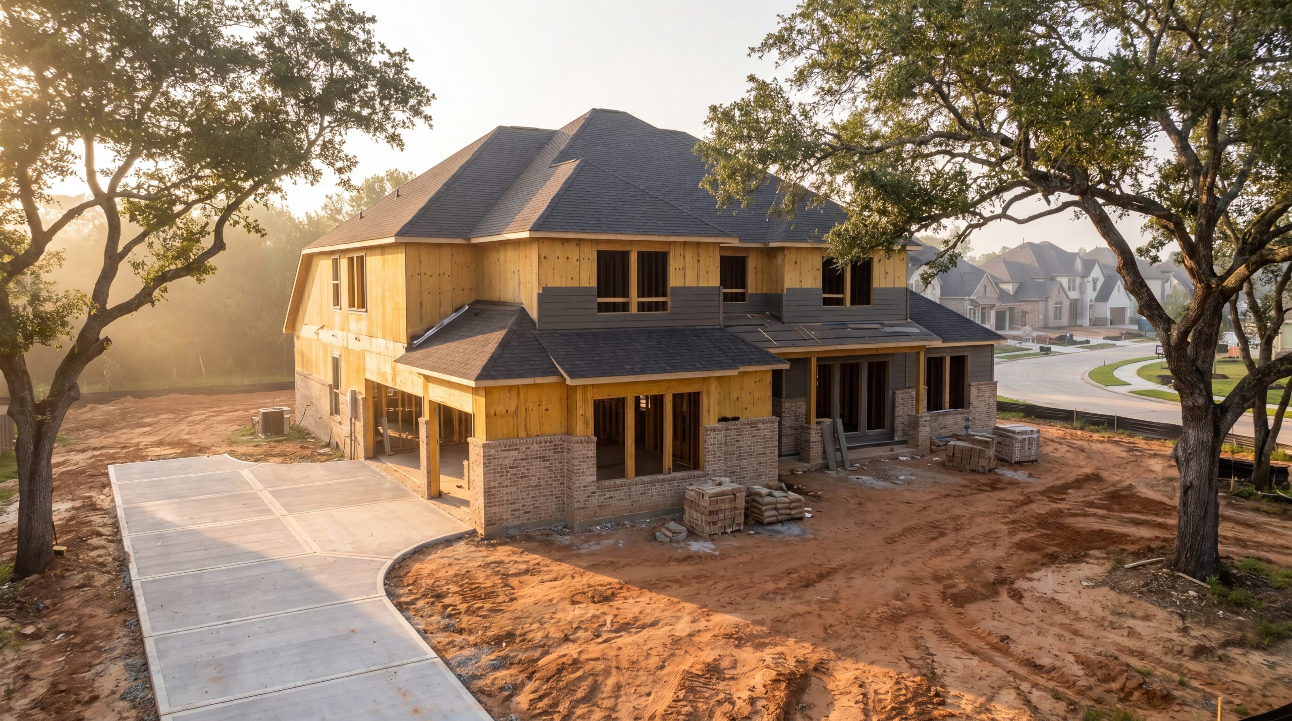 A custom home at the brick-and-framing stage in a Cypress, TX master-planned community, framed by mature live oaks