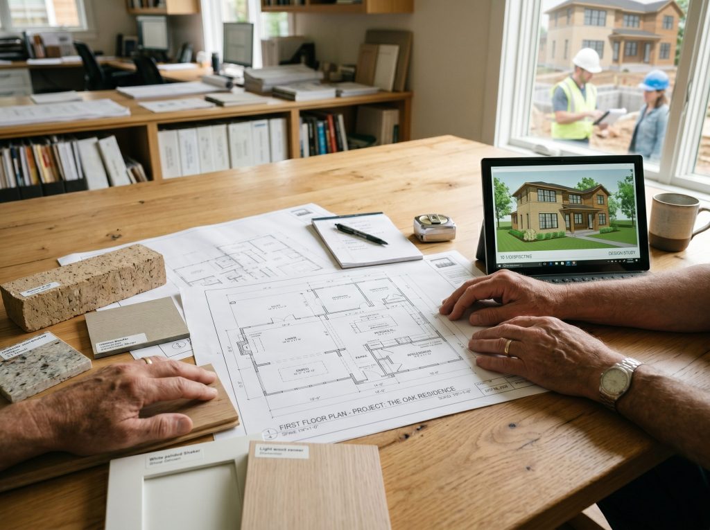 A design-build consultation reviewing floor plans, material samples, and a 3D rendering before construction in Cypress TX