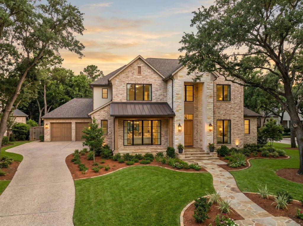 A completed custom home exterior in a Cypress master-planned community, brick and stone under a live oak canopy at golden hour