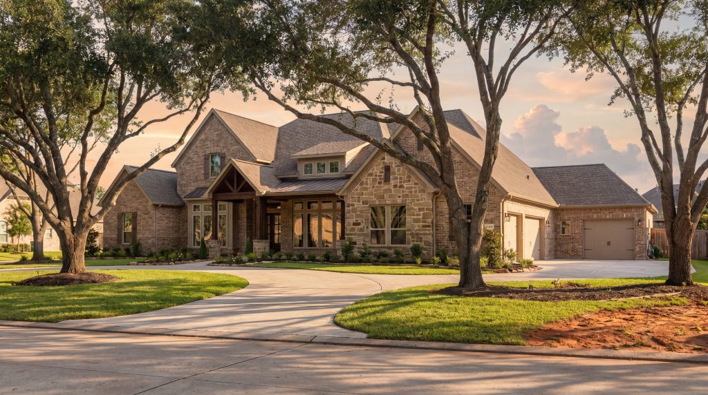 Bridgeland-style custom home exterior in Cypress, TX with brick and stone under a mature live oak canopy