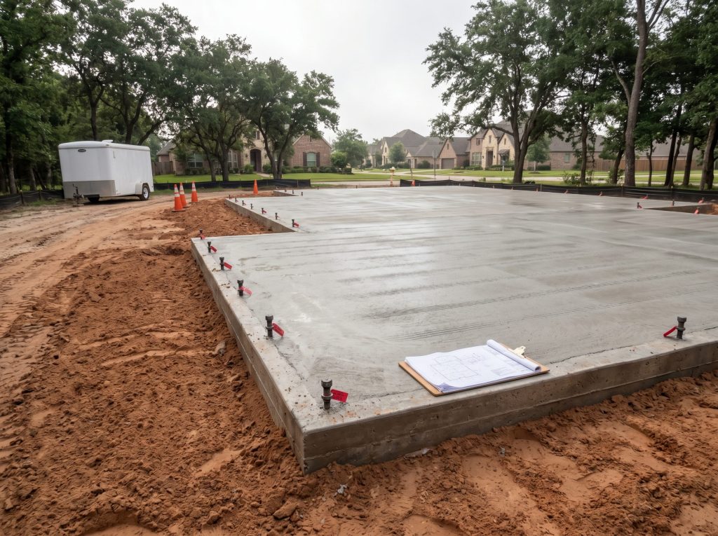 Post-tensioned slab foundation on Beaumont clay during a Cypress, TX custom home build, with cables and forms in place