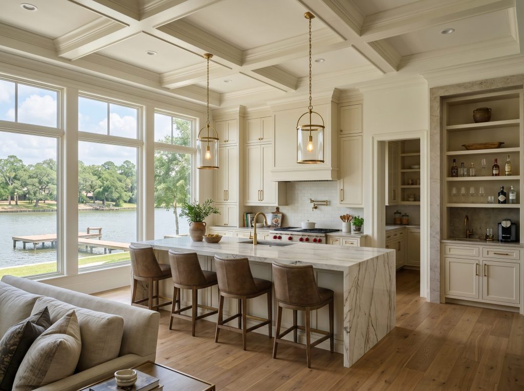 Towne Lake-style chef kitchen with a quartzite waterfall island and lakefront view in a Cypress, TX custom home
