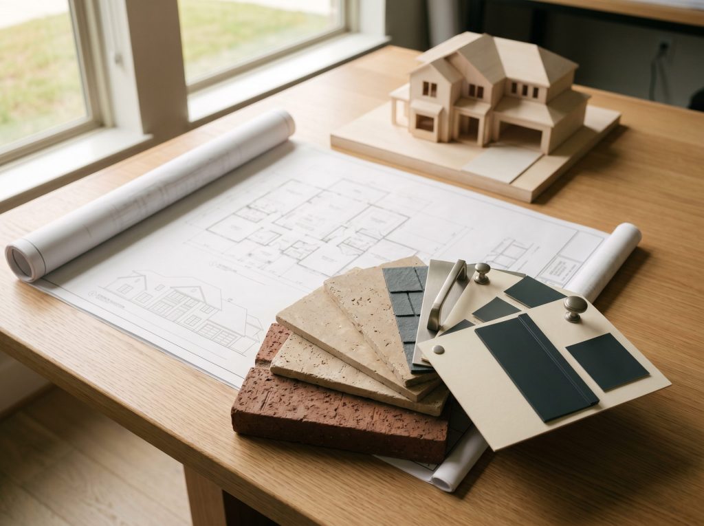 Bridgeland Design Review Committee submittal package with blueprints and Cypress custom home material samples on a design-studio desk