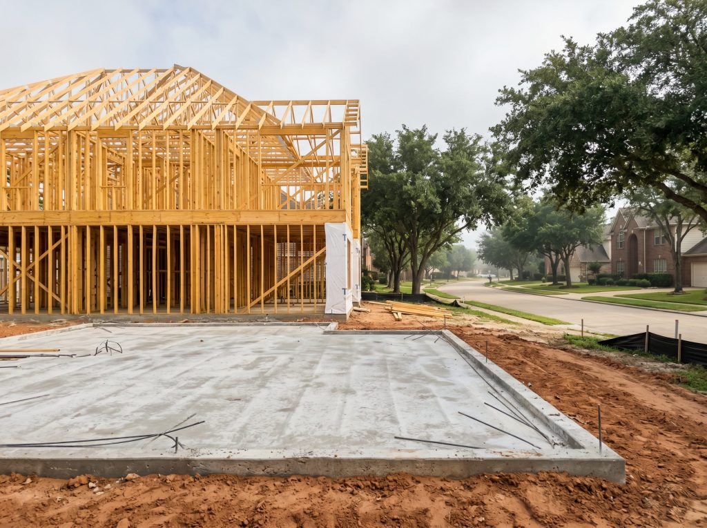 Custom home foundation and framing on a Bridgeland Cypress TX lot with reddish clay soil and mature live oak canopy