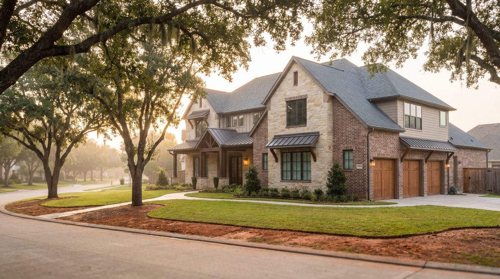Custom home in Bridgeland Cypress TX with live oaks and brick facade in a Howard Hughes master-planned community