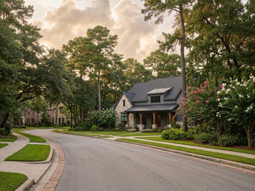 Established tree-lined streetscape of custom homes in a mature Tomball TX master-planned community