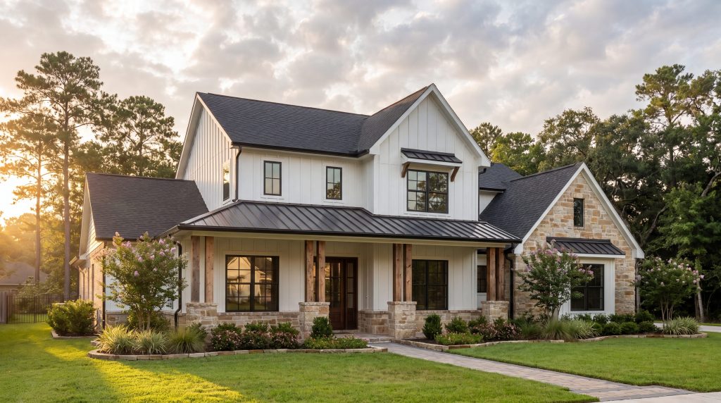 Transitional modern farmhouse custom home in a mature Tomball TX master-planned community at golden hour by Keechi Creek Builders