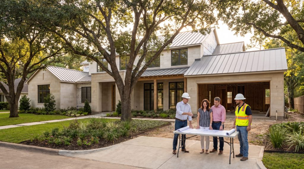 Integrated design-build team coordinating on a luxury custom home construction site in Memorial Villages Houston with Austin limestone facade and mature live oak canopy