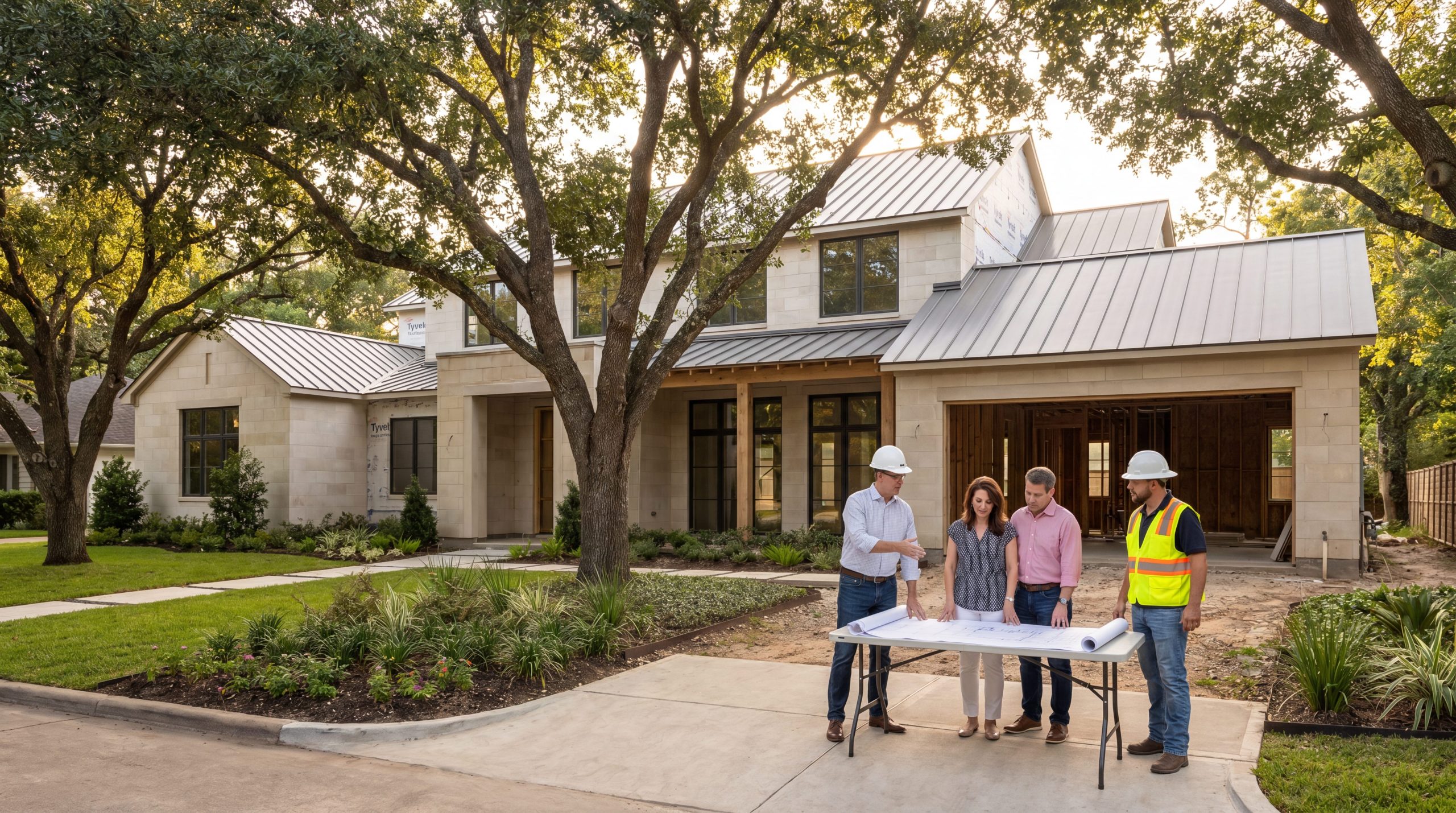 Integrated design-build team coordinating on a luxury custom home construction site in Memorial Villages Houston