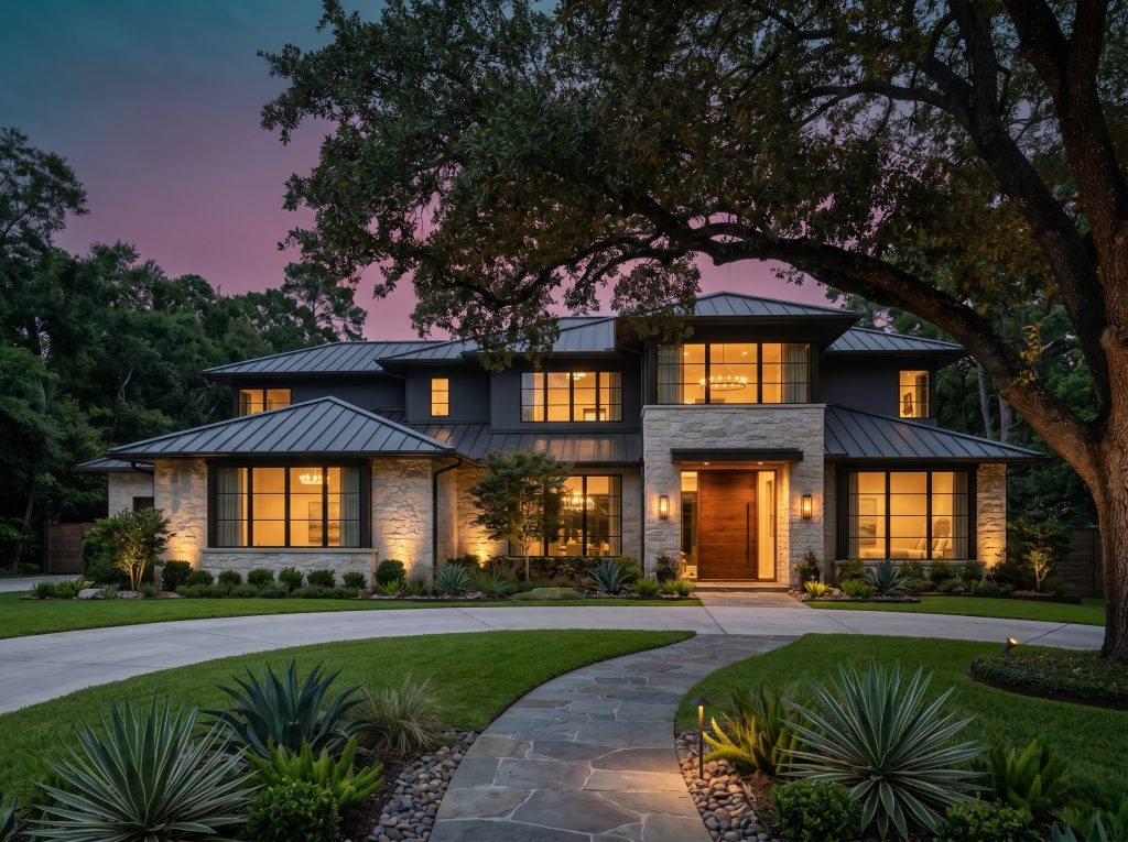 Completed luxury transitional contemporary custom home in Memorial Villages Houston at twilight with Austin limestone facade mature live oak canopy and warm interior lighting