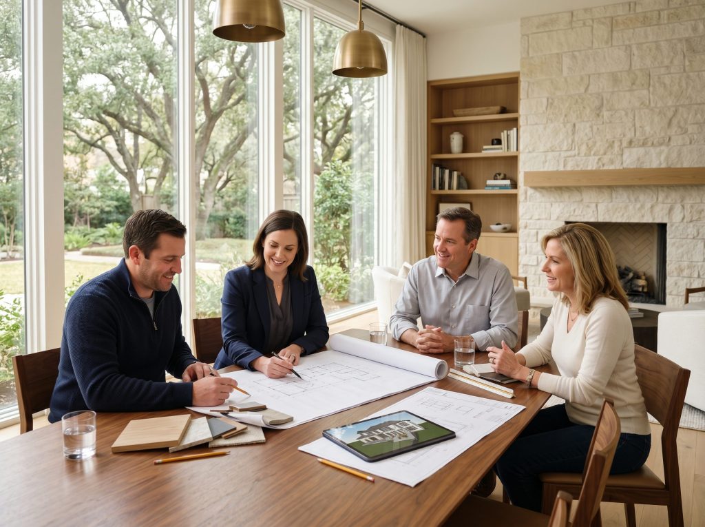 Integrated design-build team reviewing the same set of construction documents and material boards with a Memorial homeowner couple in a sunlit transitional contemporary study